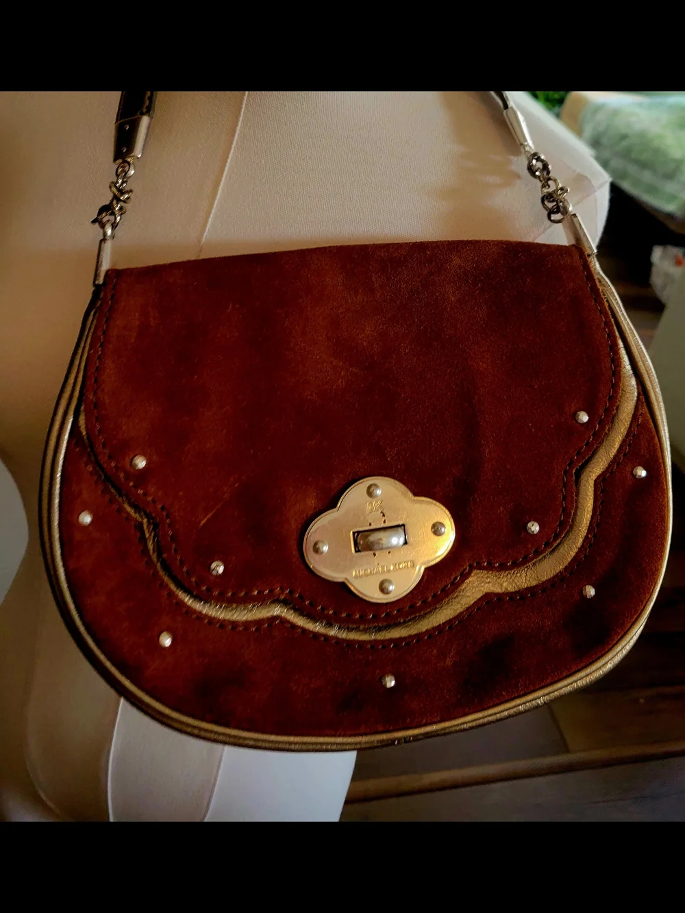 Michael Kors Brown Suede Crossbody with Silver Leather Strap And Hardware